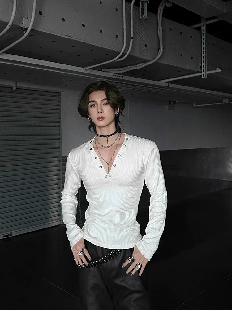 Midnight Rivet Deep V Henley - Notkicks