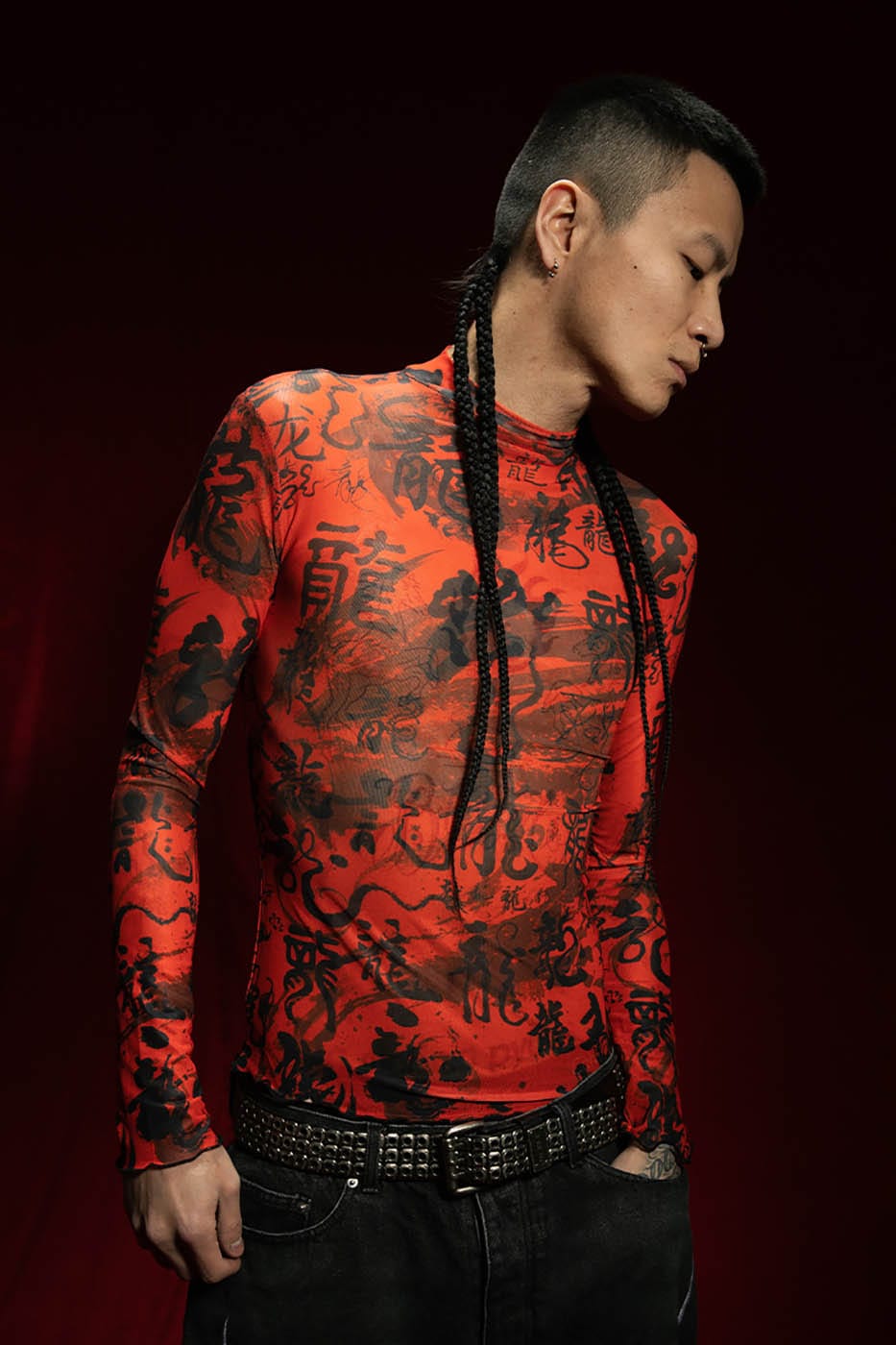 Red Chinese Calligraphy Print Turtleneck Mesh Top - Notkicks