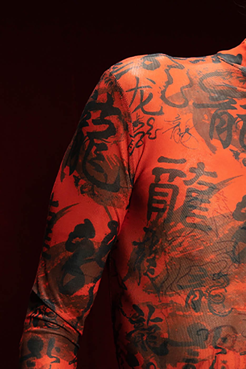 Red Chinese Calligraphy Print Turtleneck Mesh Top - Notkicks