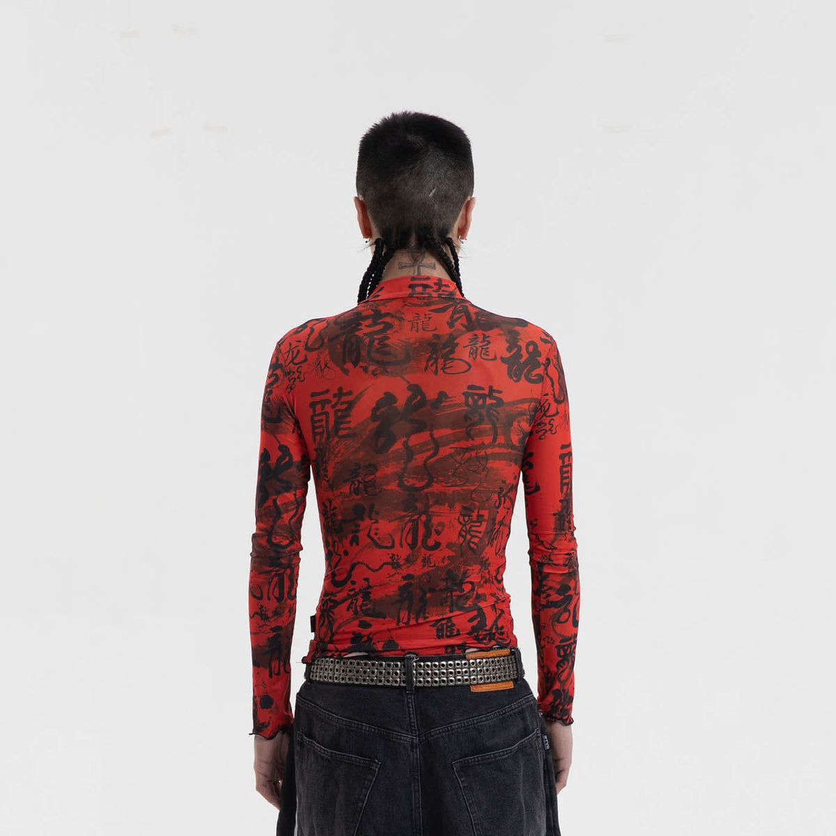 Red Chinese Calligraphy Print Turtleneck Mesh Top - Notkicks