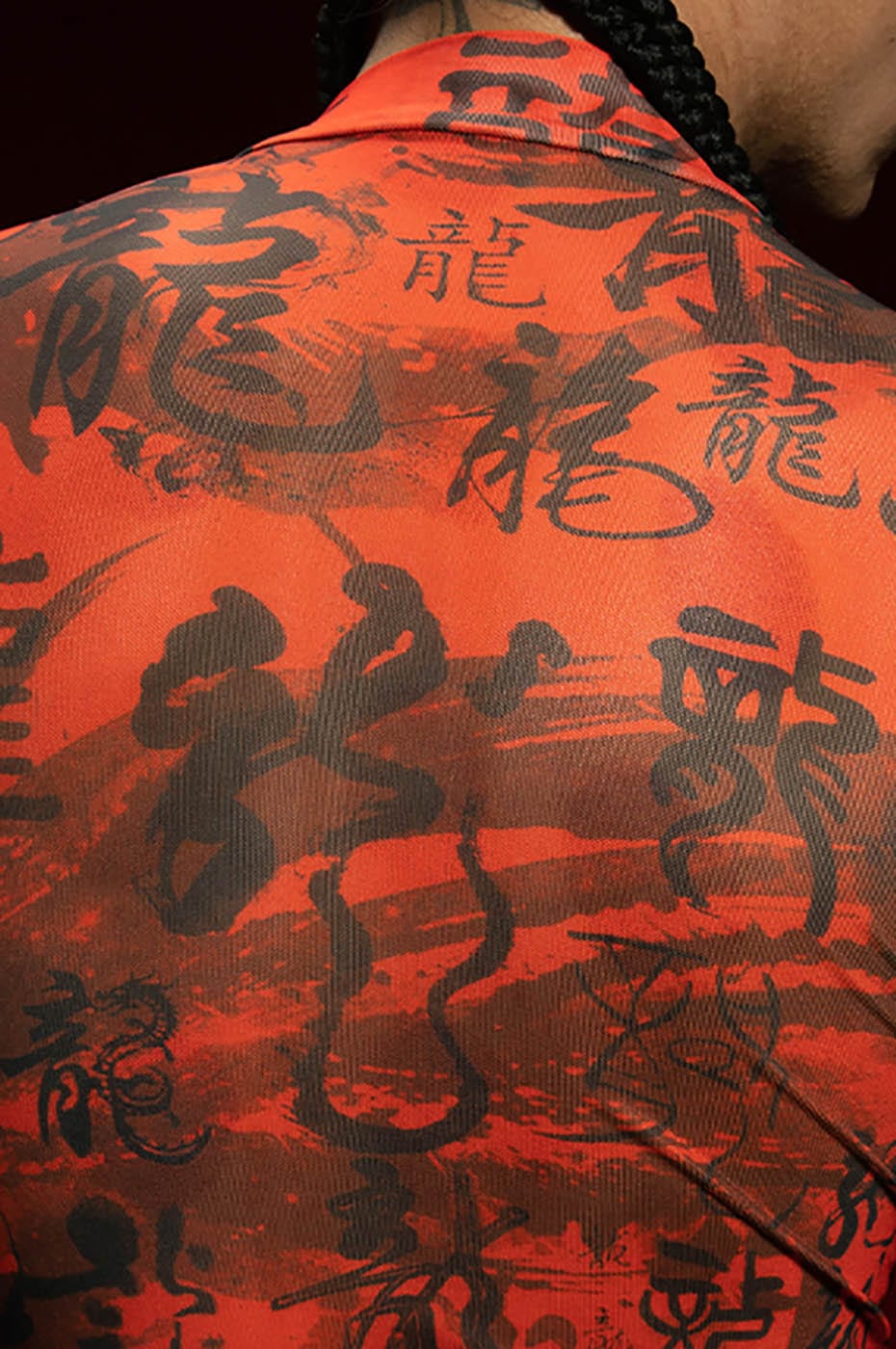 Red Chinese Calligraphy Print Turtleneck Mesh Top - Notkicks