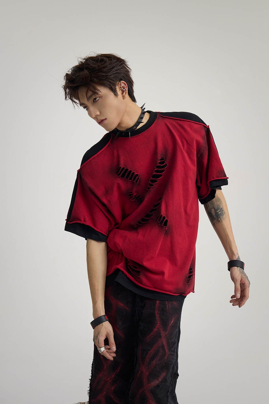 Double-Layered Ripped Red Tee - Notkicks