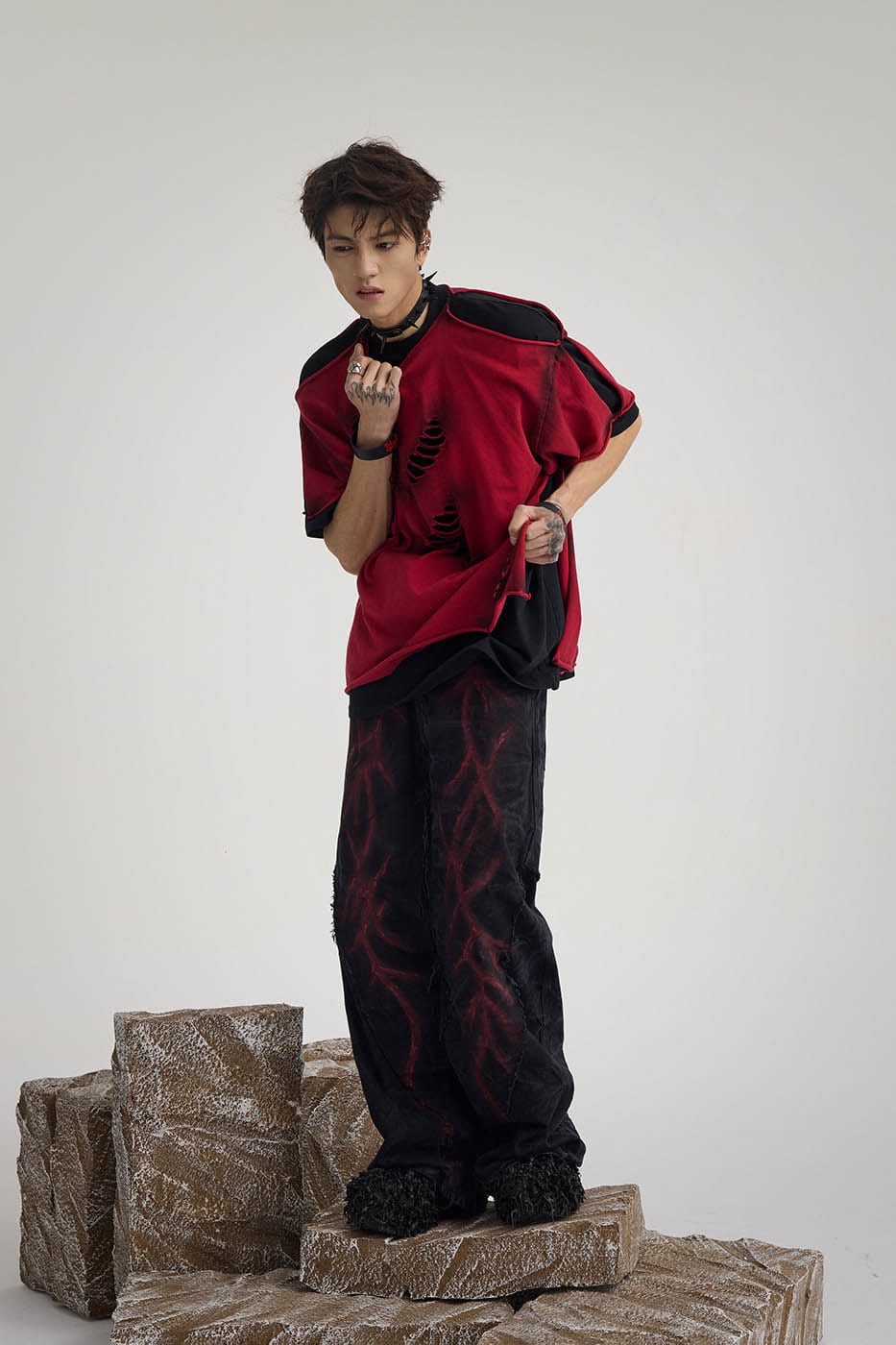 Double-Layered Ripped Red Tee - Notkicks
