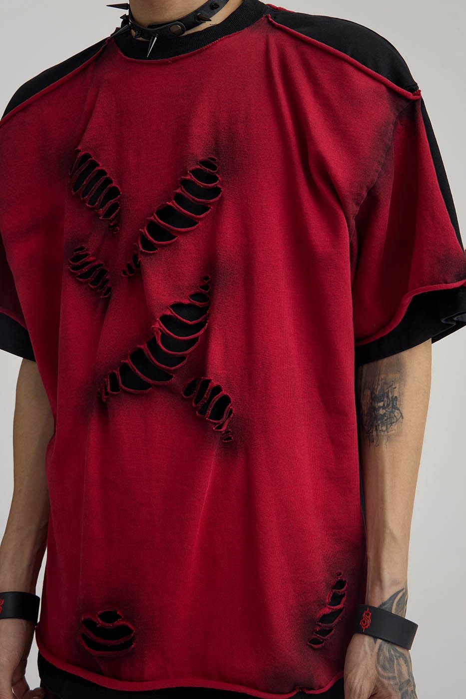 Double-Layered Ripped Red Tee - Notkicks