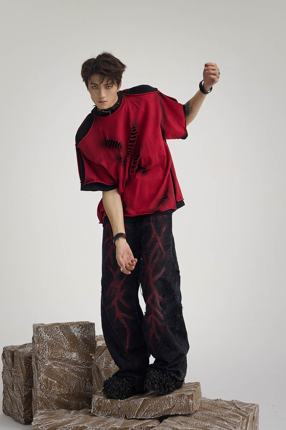 Double-Layered Ripped Red Tee - Notkicks