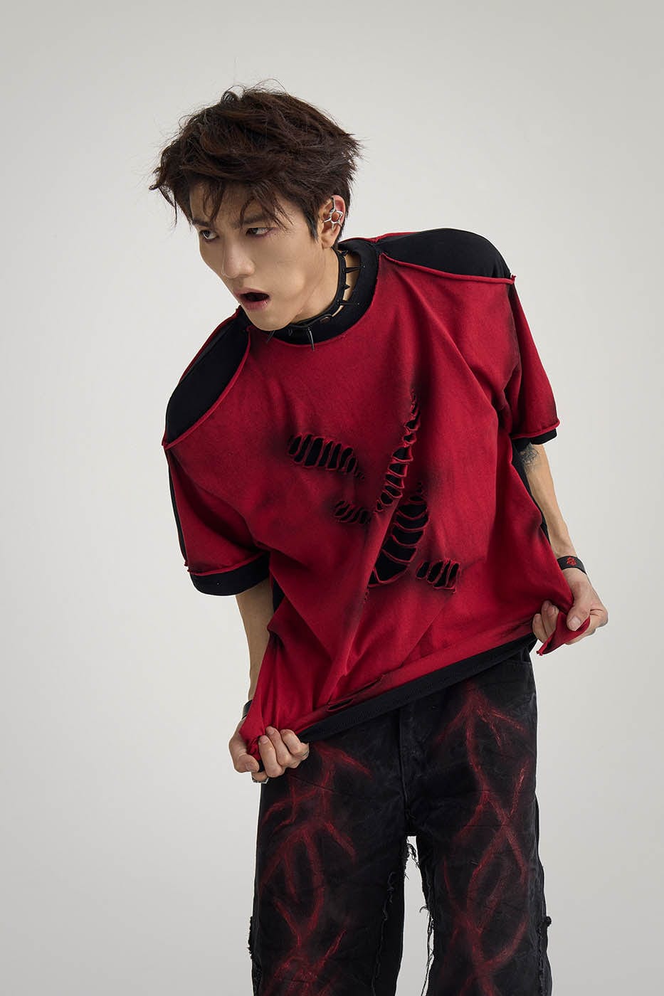 Double-Layered Ripped Red Tee - Notkicks
