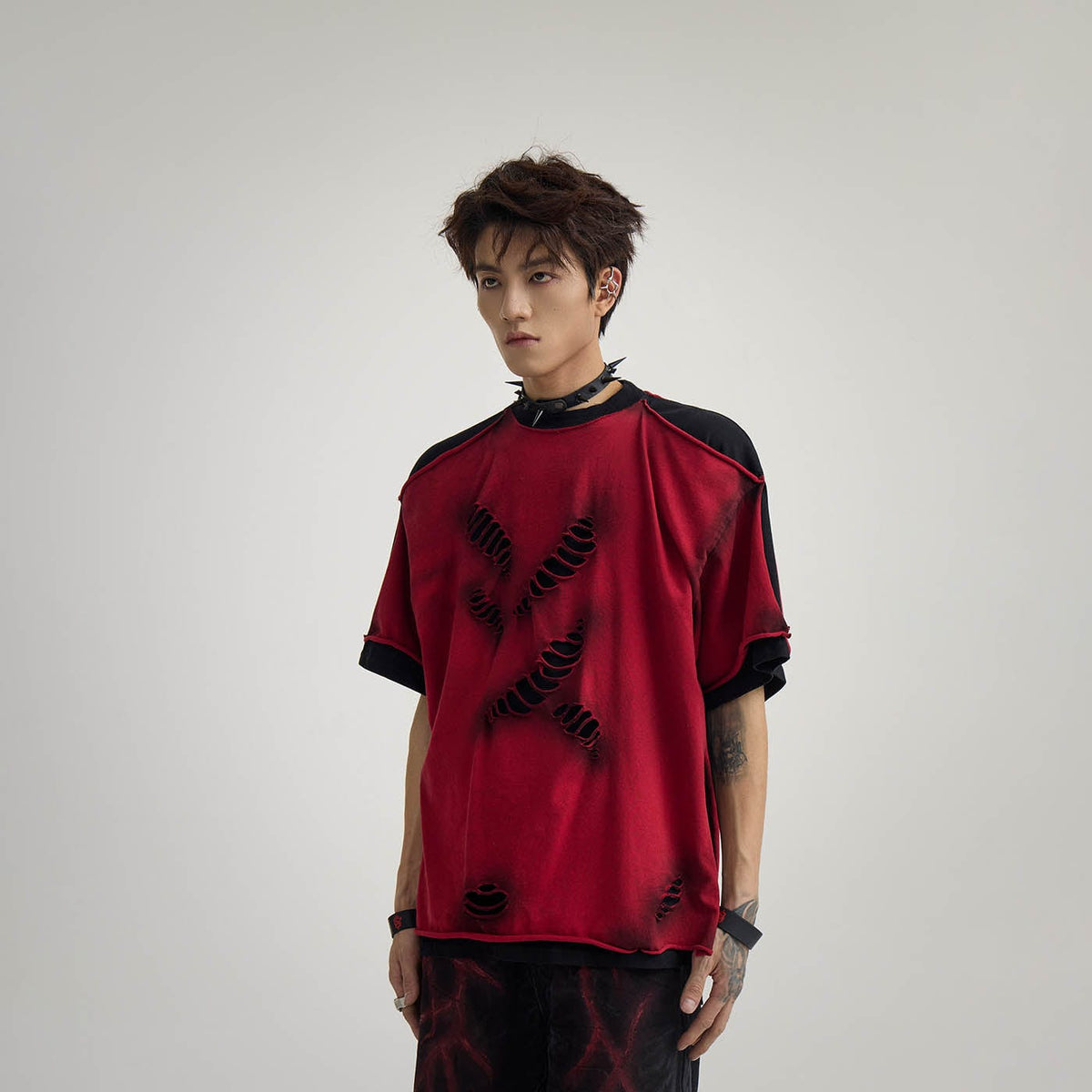 Double-Layered Ripped Red Tee - Notkicks
