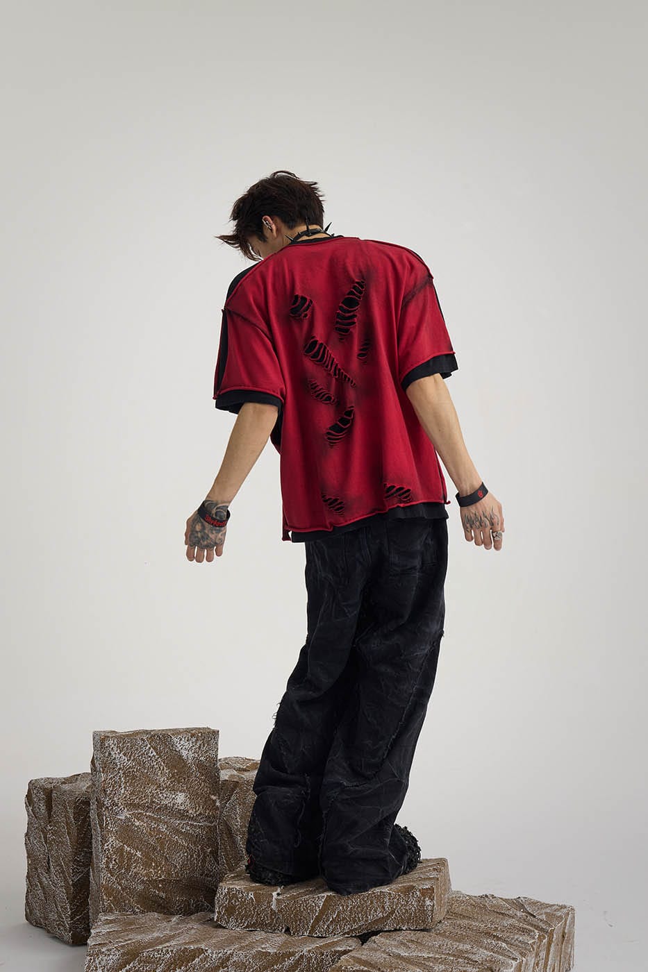 Double-Layered Ripped Red Tee - Notkicks