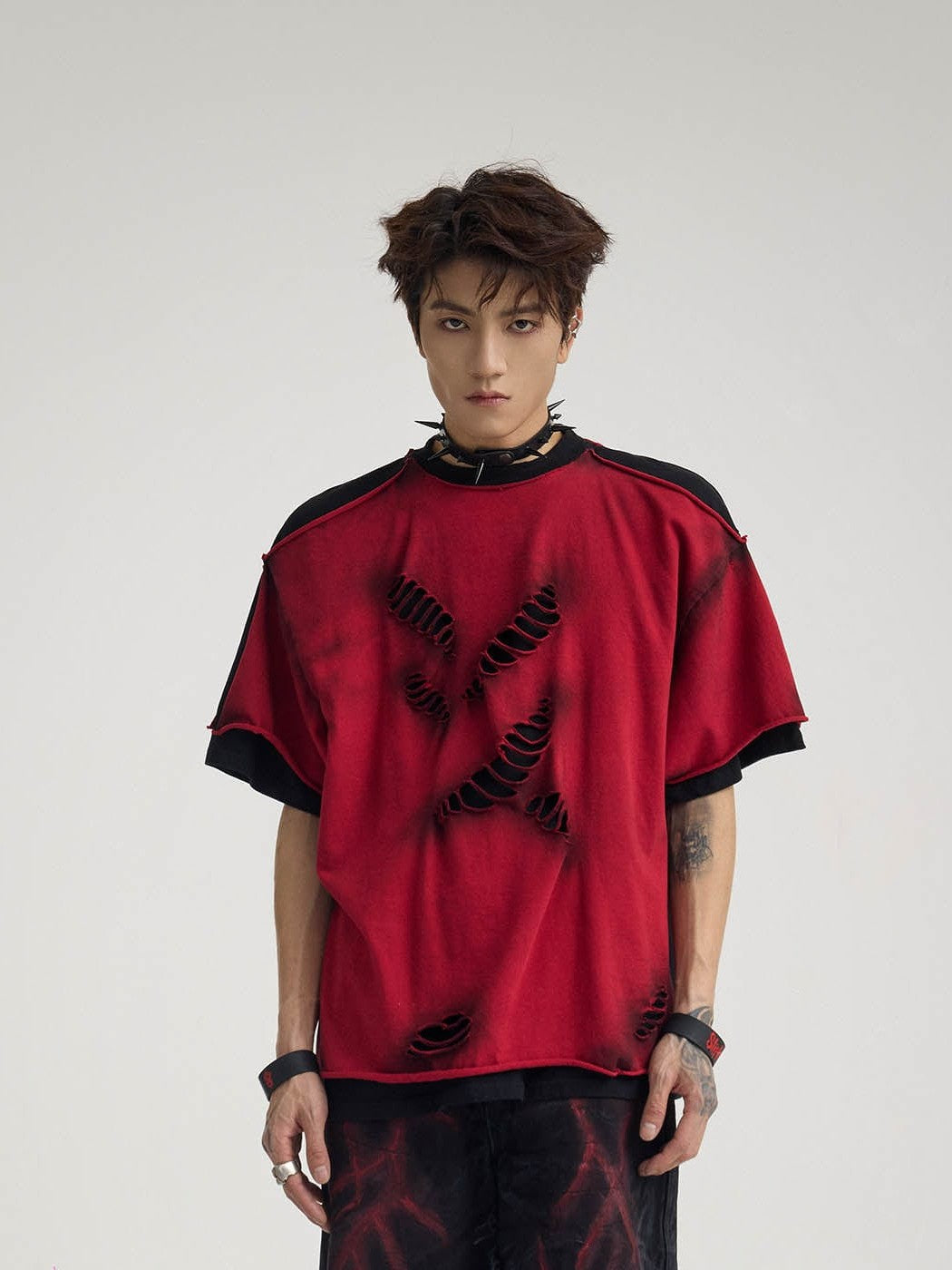 Double-Layered Ripped Red Tee - Notkicks