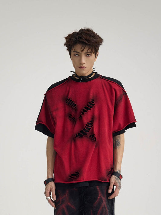 Double-Layered Ripped Red Tee - Notkicks