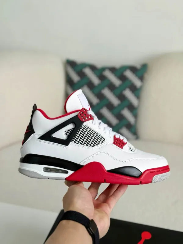 Air Jordan 4 Retro “Fire Red” Sneakers – White, Red & Black - OMYGOODS