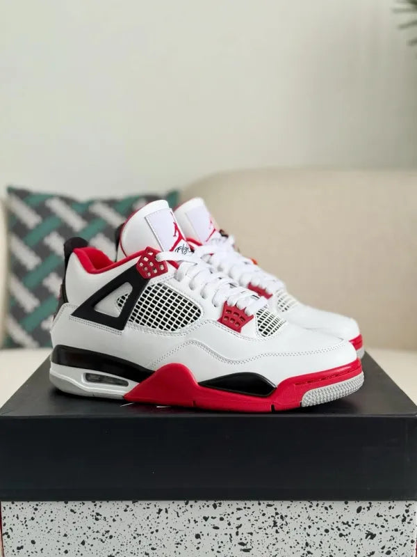 Air Jordan 4 Retro “Fire Red” Sneakers – White, Red & Black - OMYGOODS