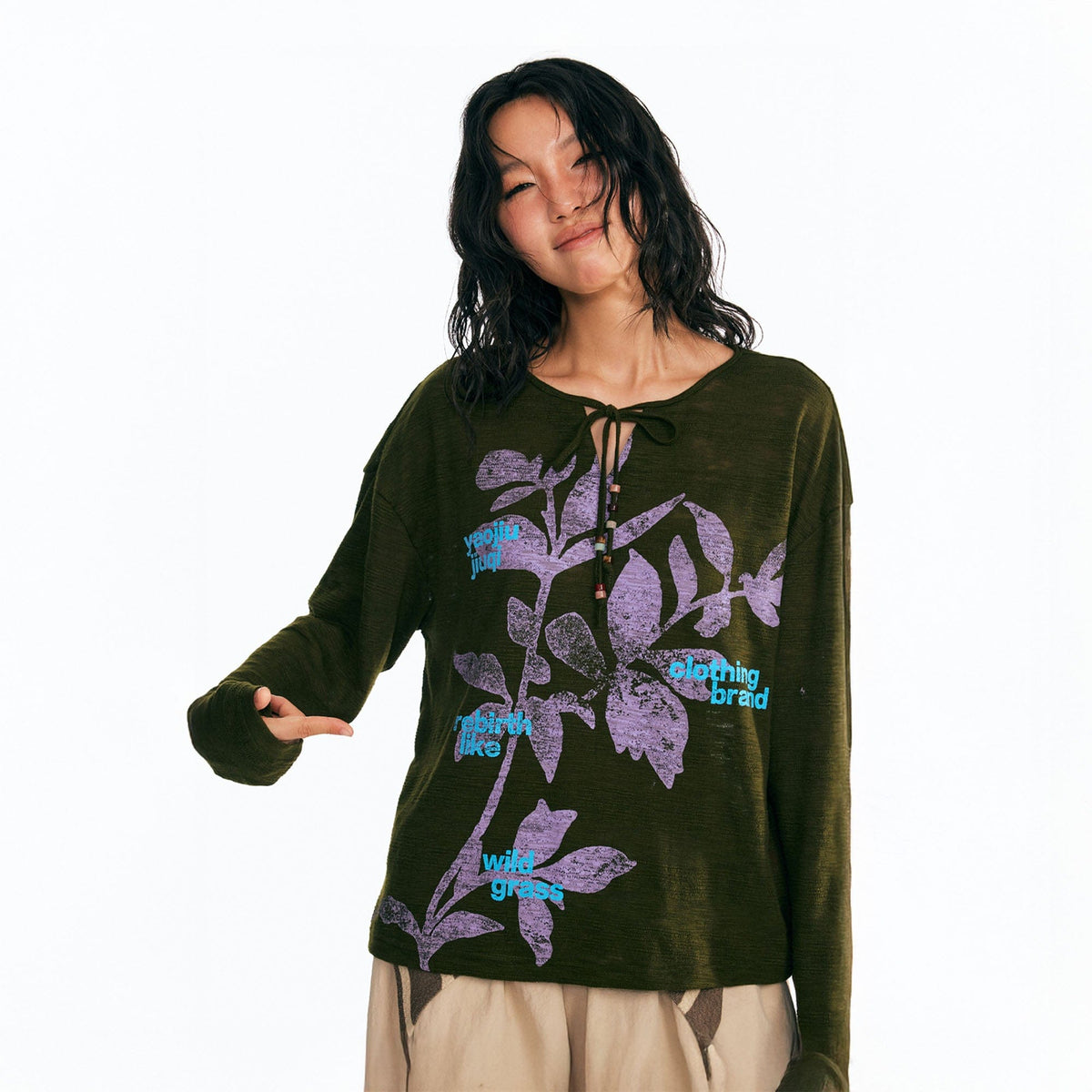 Sesame Leaf Drawstring Long-Sleeve Graphic Tee - Notkicks