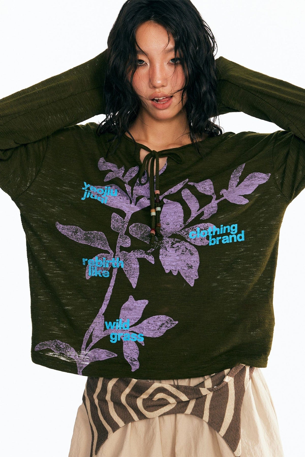 Sesame Leaf Drawstring Long-Sleeve Graphic Tee - Notkicks