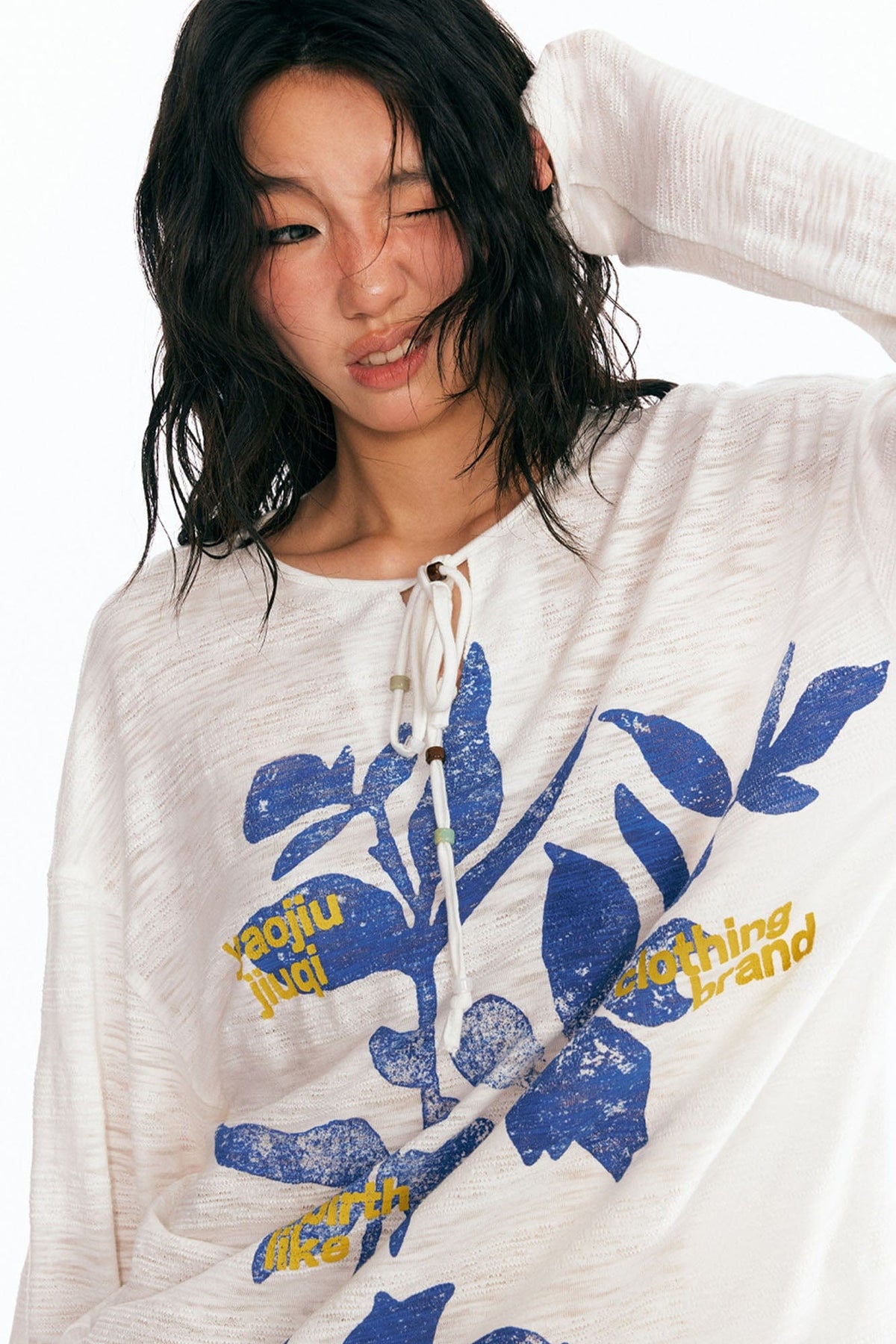 Sesame Leaf Drawstring Long-Sleeve Graphic Tee - Notkicks