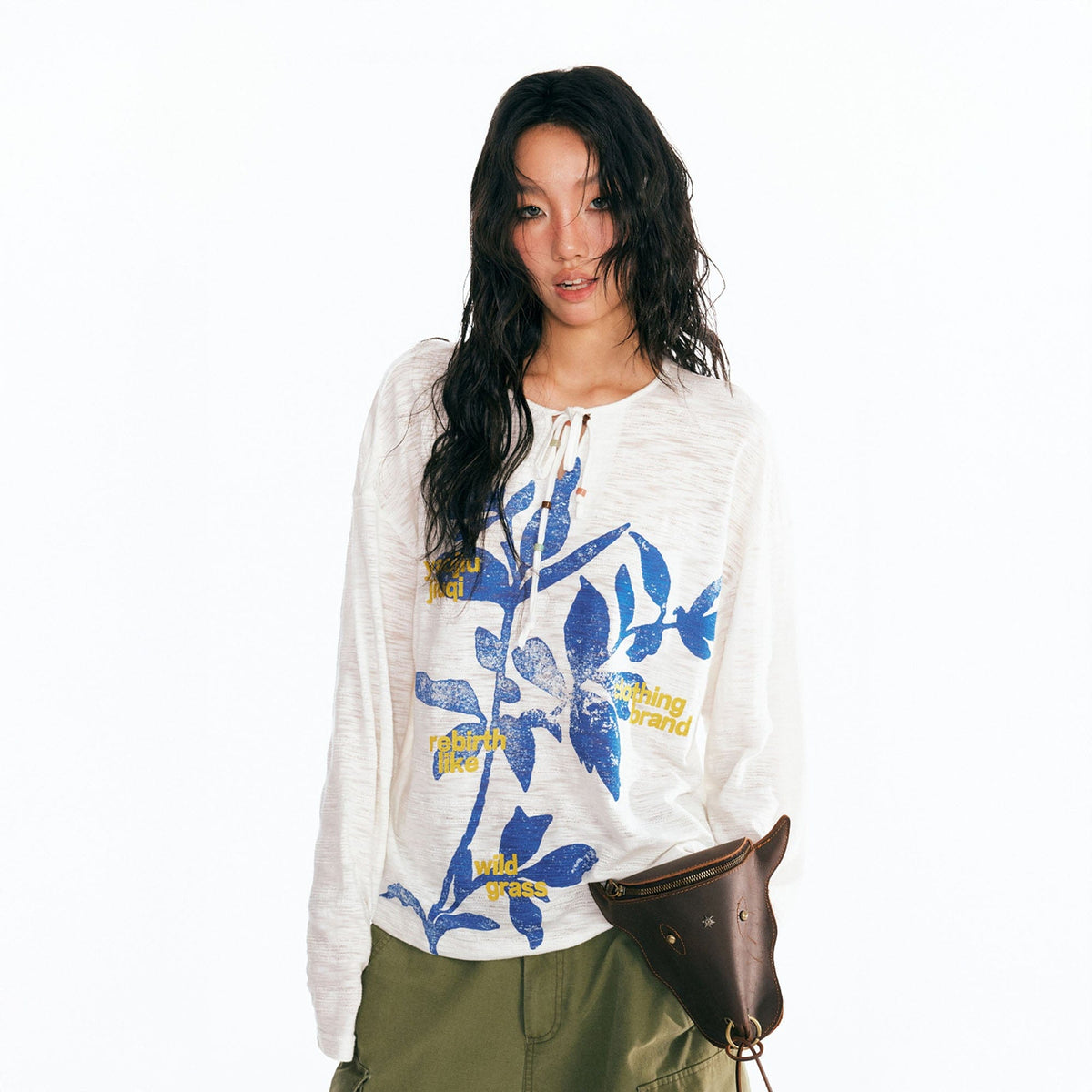 Sesame Leaf Drawstring Long-Sleeve Graphic Tee - Notkicks