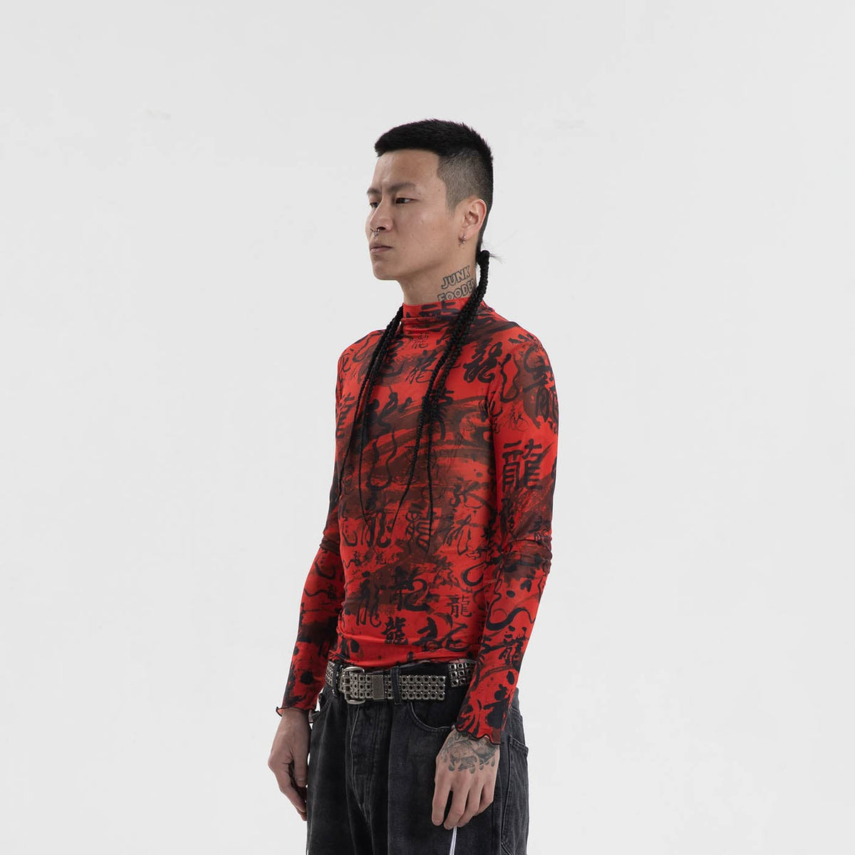 Red Chinese Calligraphy Print Turtleneck Mesh Top - Notkicks