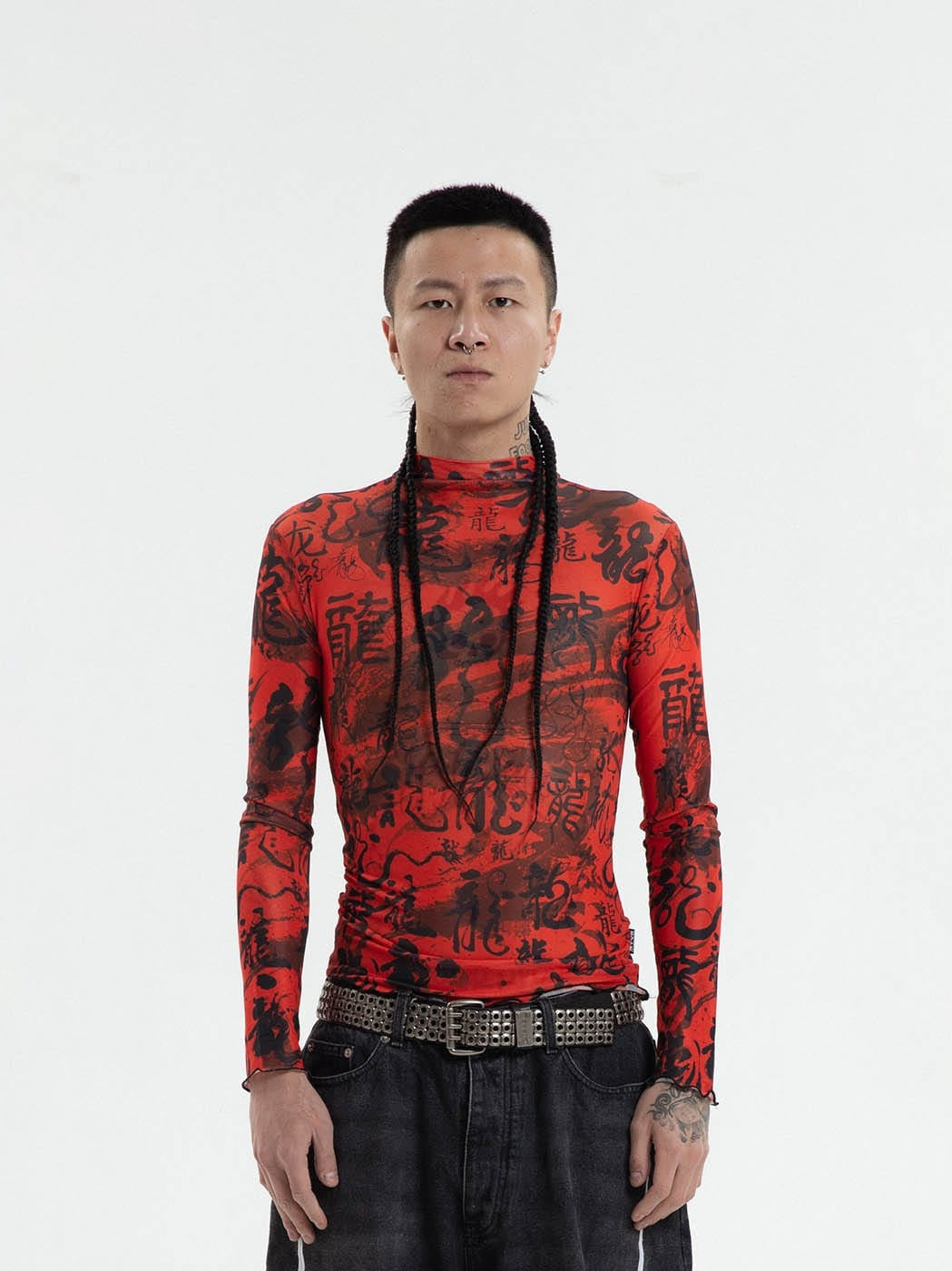 Red Chinese Calligraphy Print Turtleneck Mesh Top - Notkicks