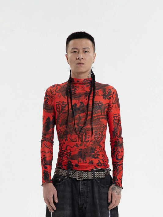 Red Chinese Calligraphy Print Turtleneck Mesh Top - Notkicks