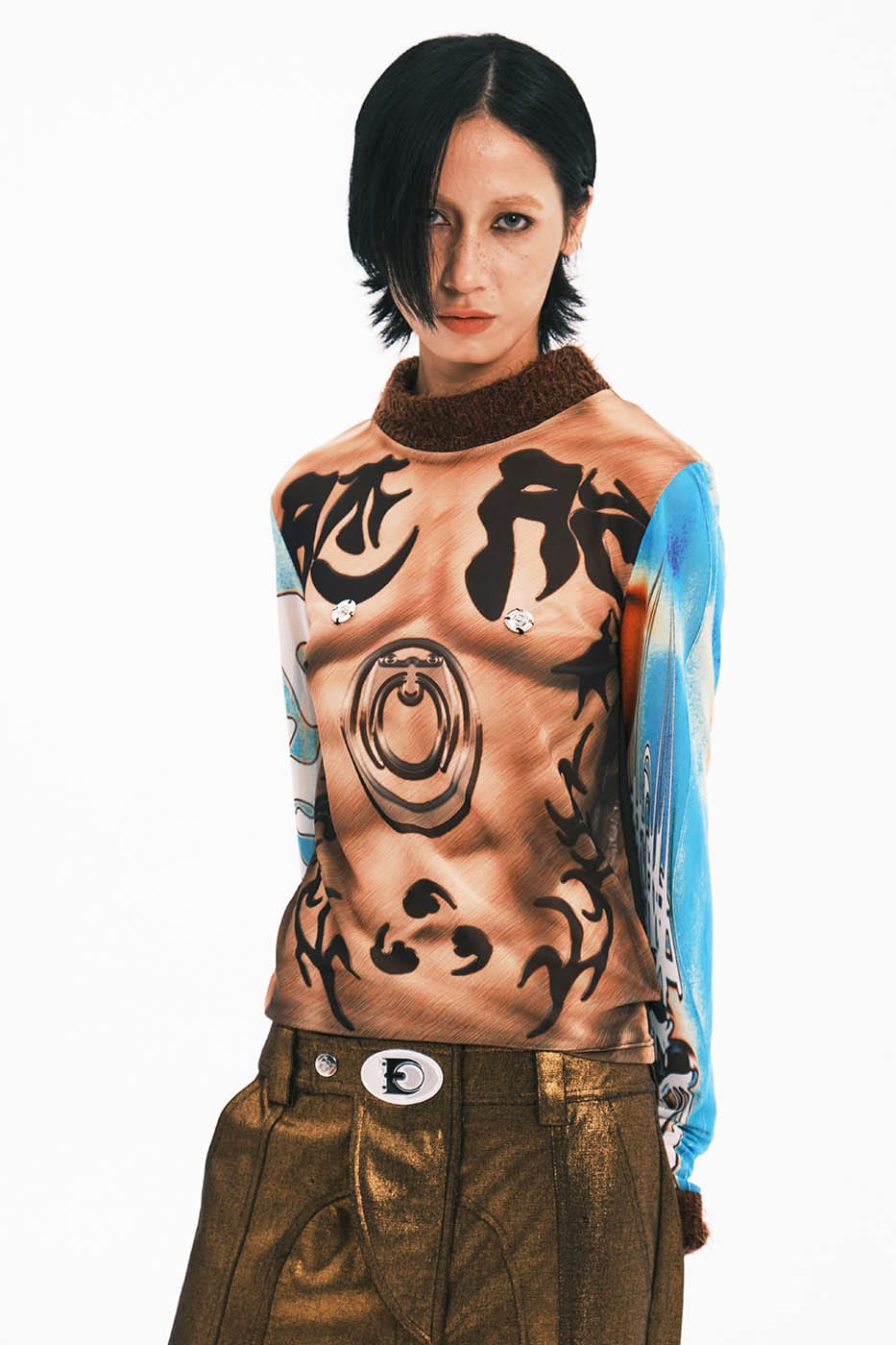 EMBRYO Tattoo-Illusion Sheer Mesh Long-Sleeve Top - Notkicks