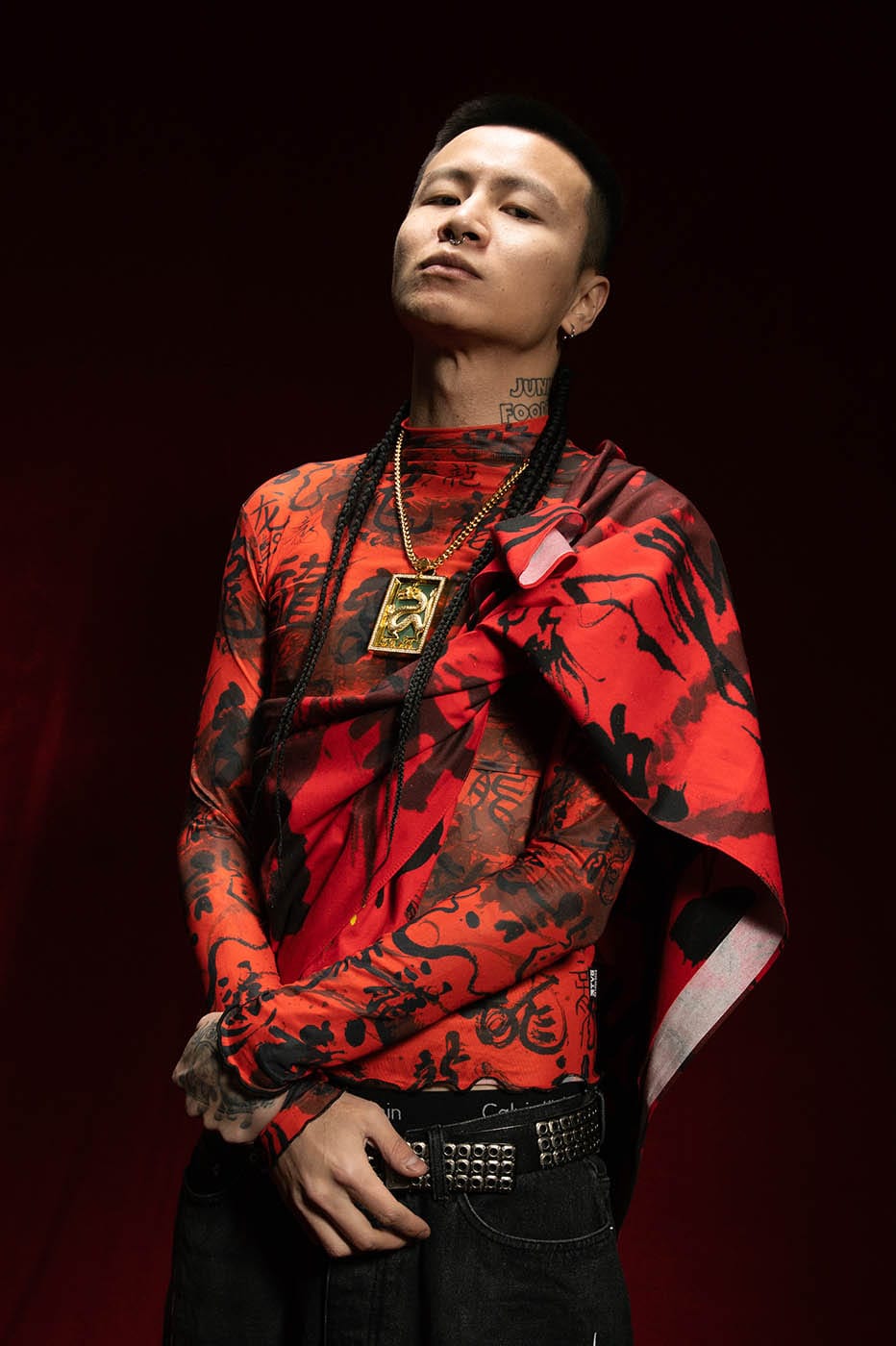 Red Chinese Calligraphy Print Turtleneck Mesh Top - Notkicks
