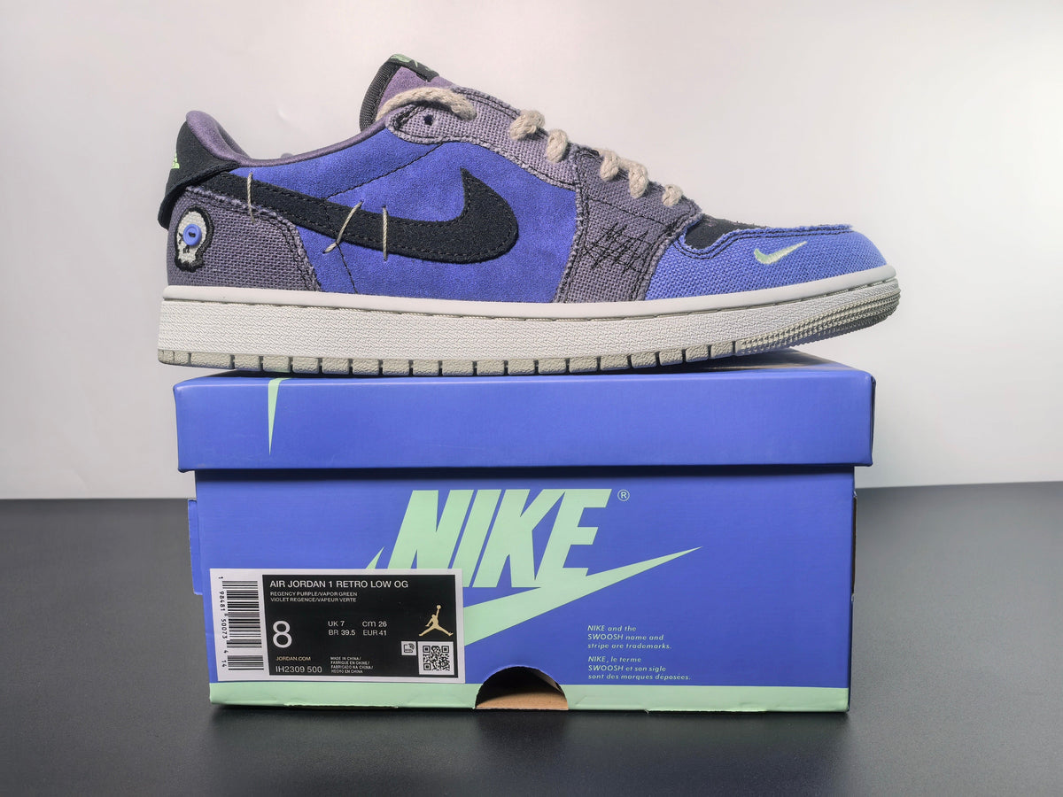 Air Jordan 1 Retro Low OG sneaker in purple and grey on a blue Nike box, luxury urban wear