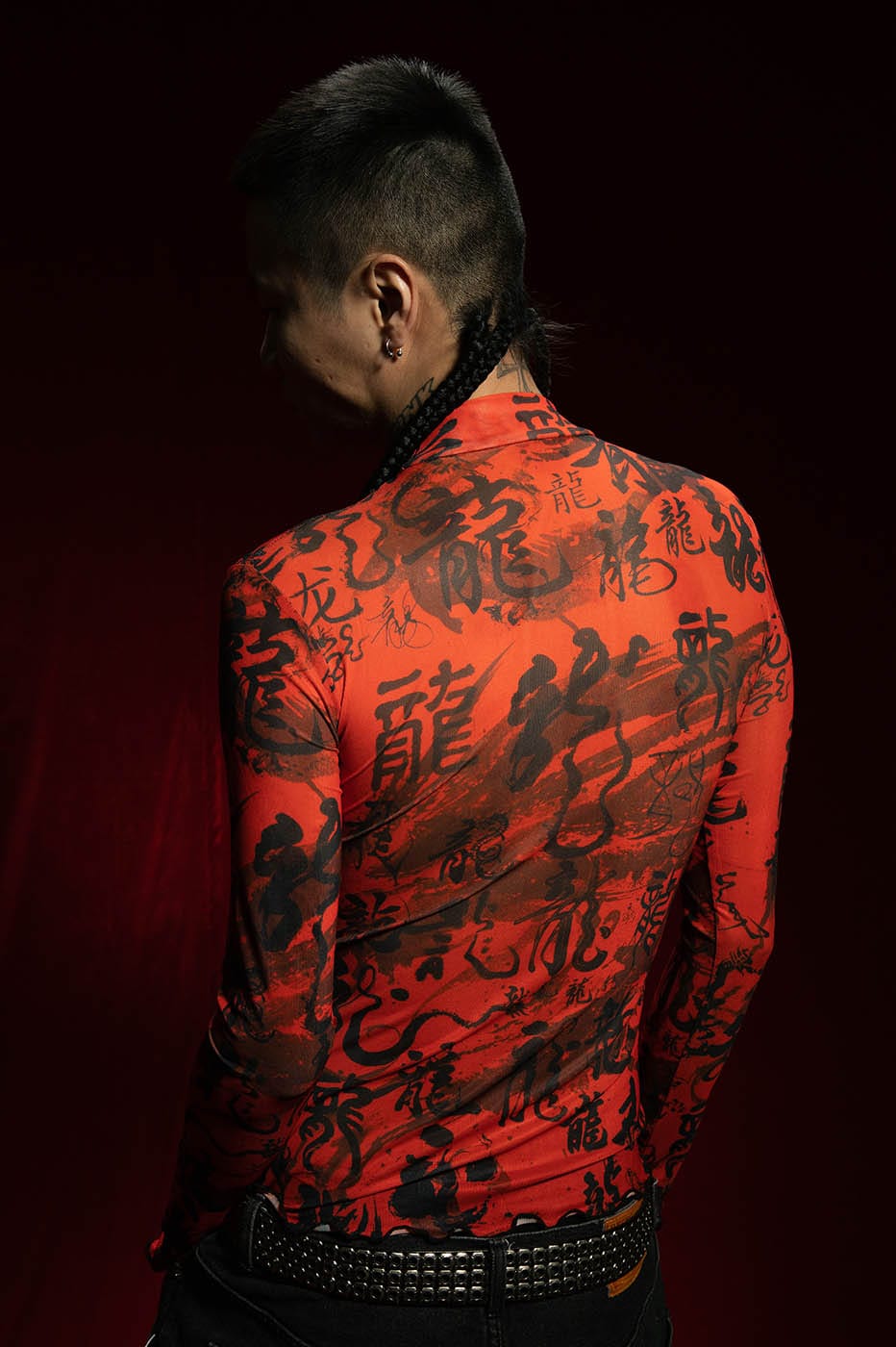 Red Chinese Calligraphy Print Turtleneck Mesh Top - Notkicks