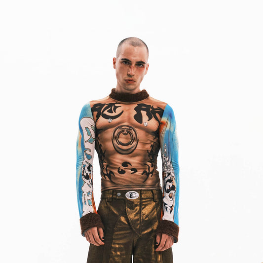 EMBRYO Tattoo-Illusion Sheer Mesh Long-Sleeve Top - Notkicks