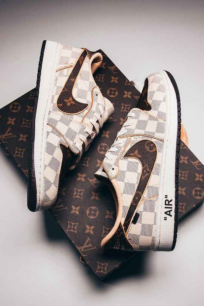 Custom Air Jordan 1 Low Damier Azur Brown Monogram Sneakers
