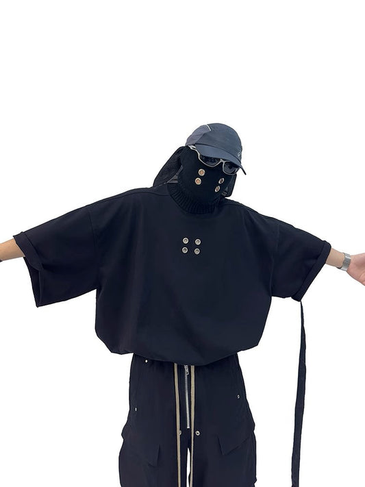 Grommet Detail Oversized Black Tee - Notkicks