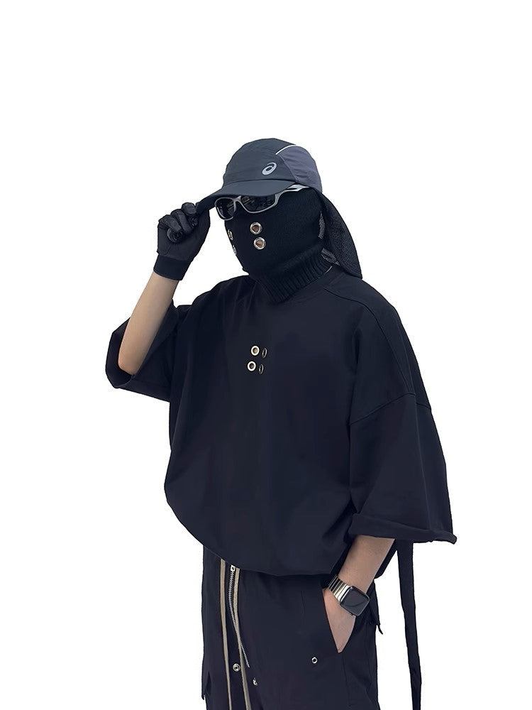 Grommet Detail Oversized Black Tee - Notkicks