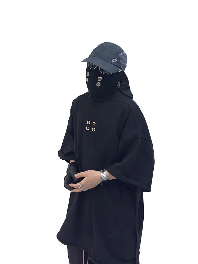Grommet Detail Oversized Black Tee - Notkicks