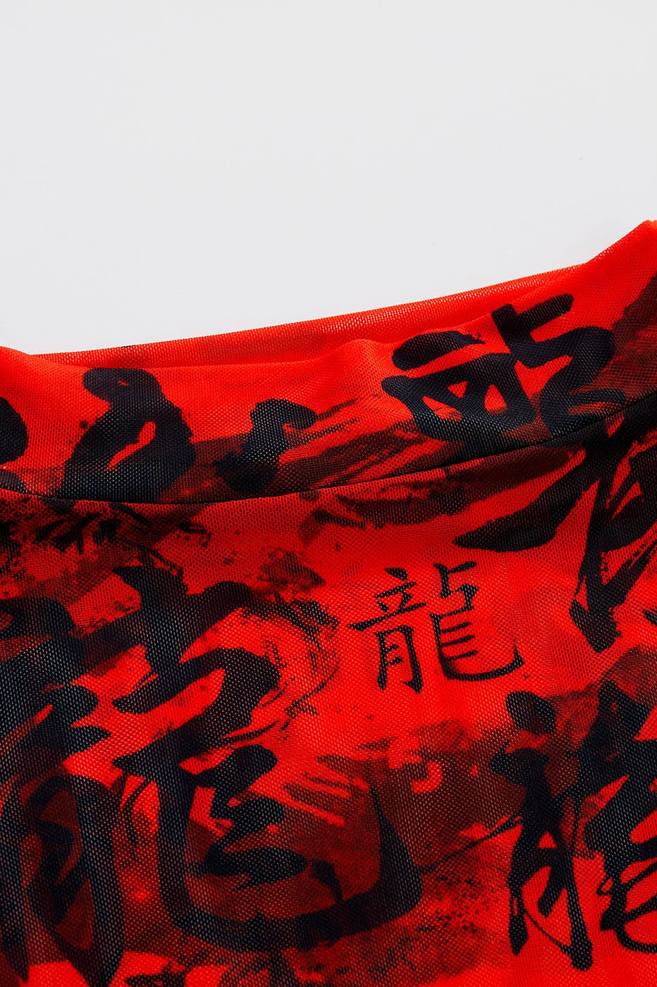 Red Chinese Calligraphy Print Turtleneck Mesh Top - Notkicks