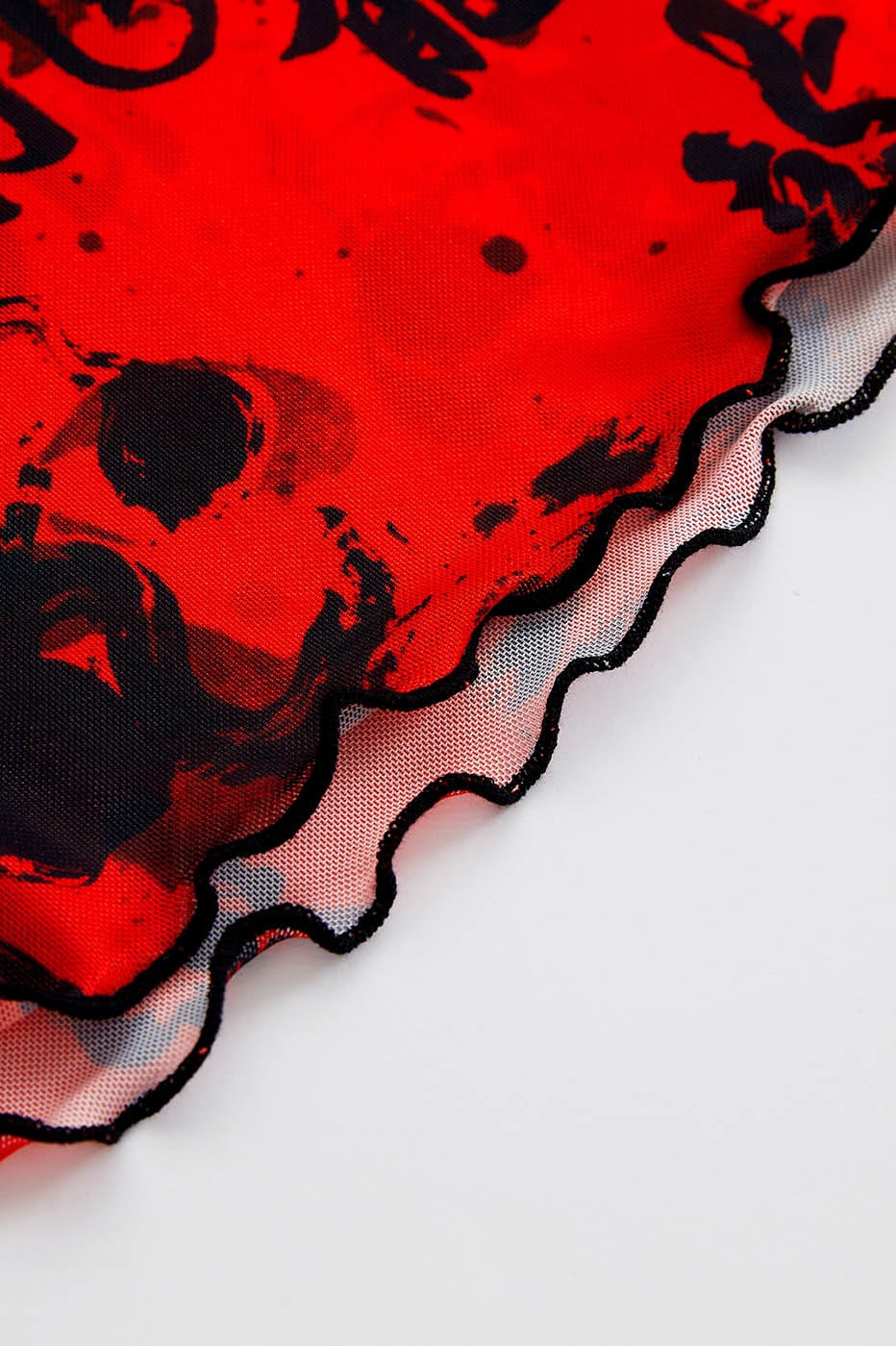 Red Chinese Calligraphy Print Turtleneck Mesh Top - Notkicks