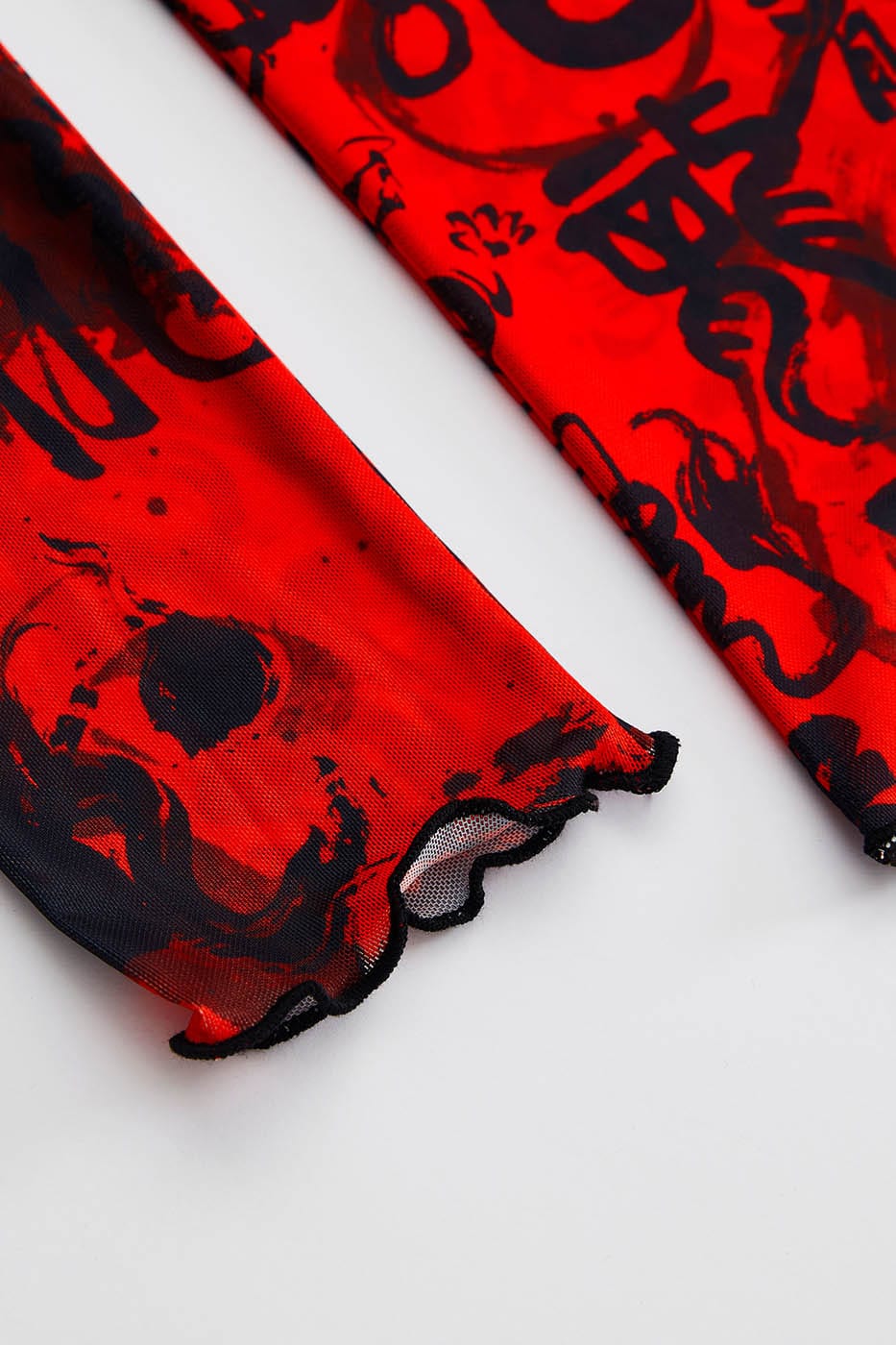 Red Chinese Calligraphy Print Turtleneck Mesh Top - Notkicks