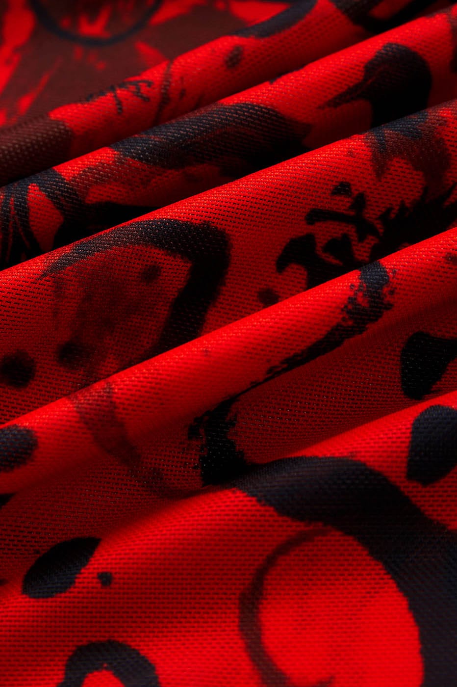 Red Chinese Calligraphy Print Turtleneck Mesh Top - Notkicks