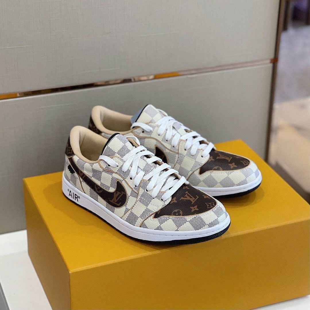 Custom Air Jordan 1 Low Damier Azur Brown Monogram Sneakers