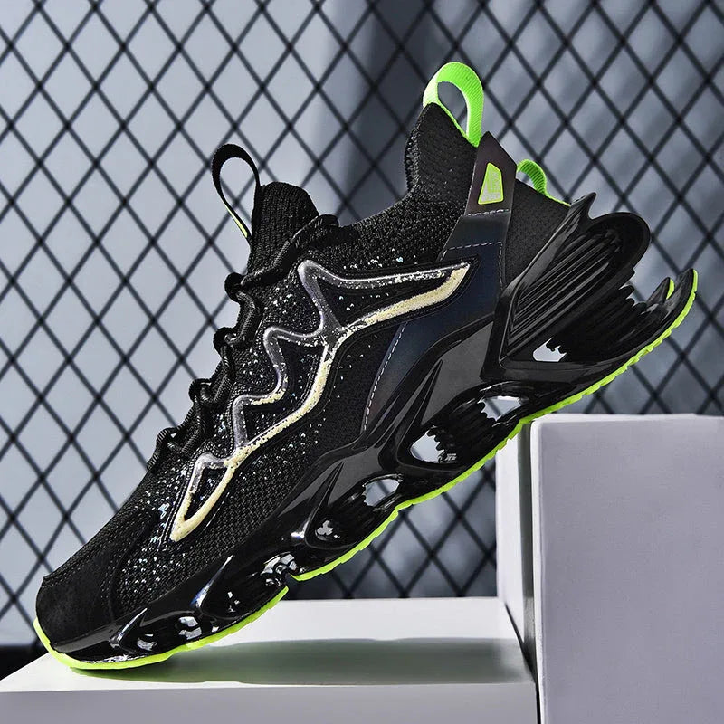Nova Sole T84 Sneakers in black and neon green displayed on a pedestal with grid background - LUXURYURBANWEAR performance sneakers.