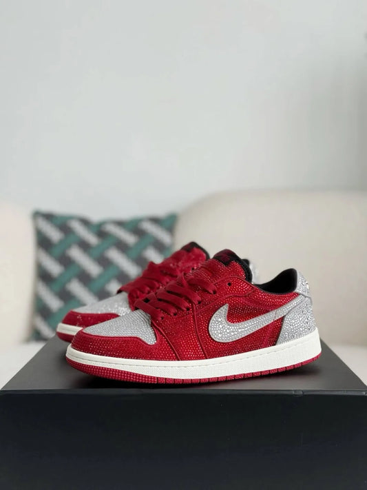 Air Jordan 1 Low “Crystal Red” Red & Silver Rhinestones - OMYGOODS