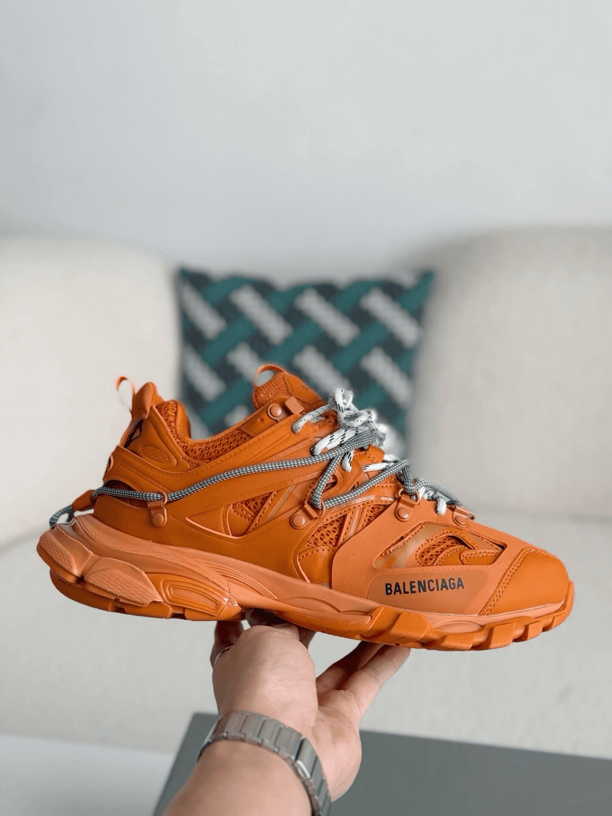 Balenciaga Track Sneaker in Orange with Grey Trail Laces CUSTOM