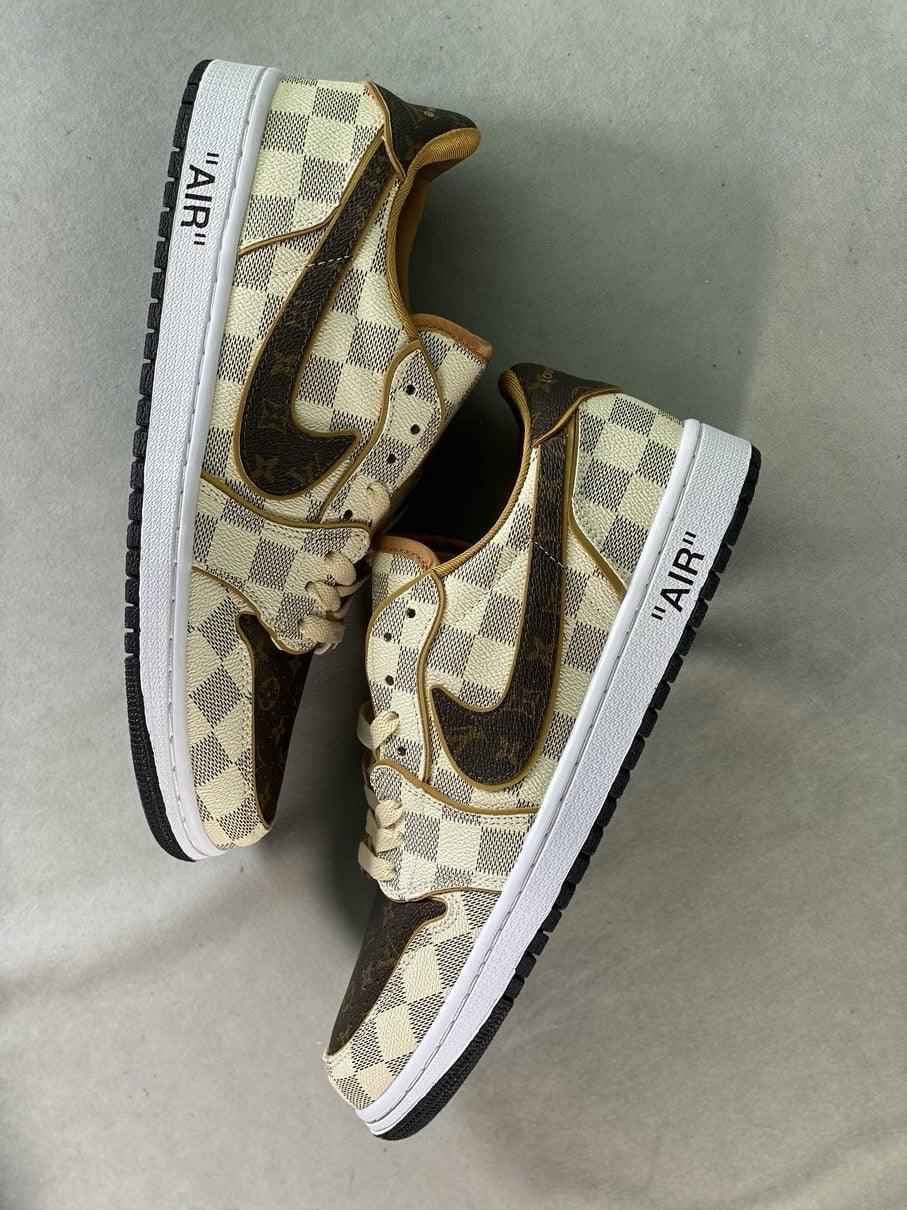 Custom Air Jordan 1 Low Damier Azur Brown Monogram Sneakers SneakerNational