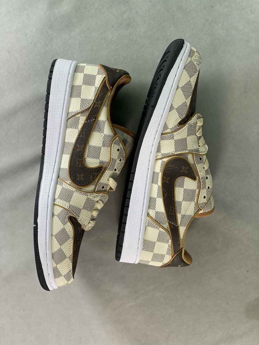Custom Air Jordan 1 Low Damier Azur Brown Monogram Sneakers SneakerNational