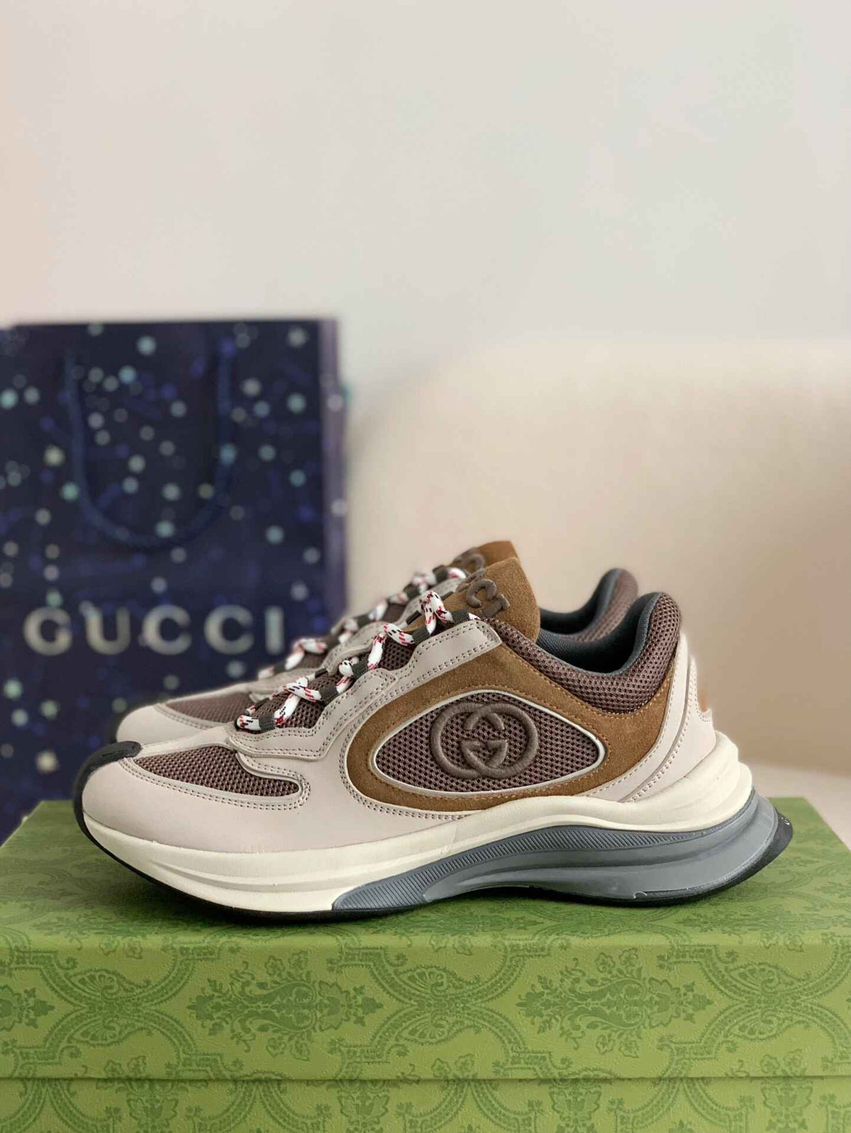 Gucci Men's Runner Sneaker – Beige, Brown & Grey Mesh Leather CUSTOM