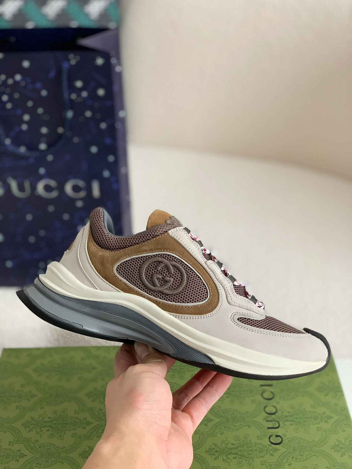 Gucci Men's Runner Sneaker – Beige, Brown & Grey Mesh Leather CUSTOM