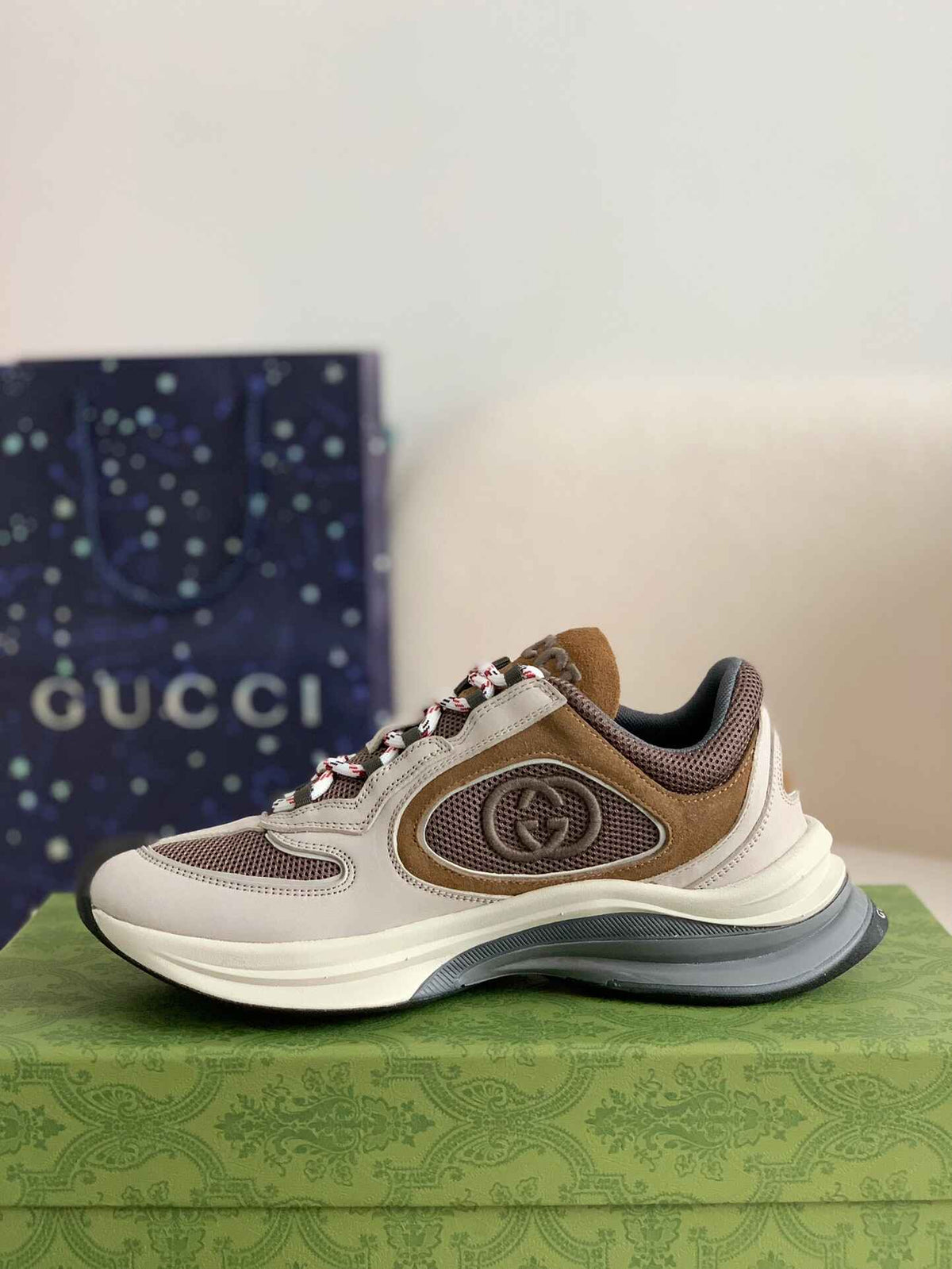 Gucci Men's Runner Sneaker – Beige, Brown & Grey Mesh Leather CUSTOM