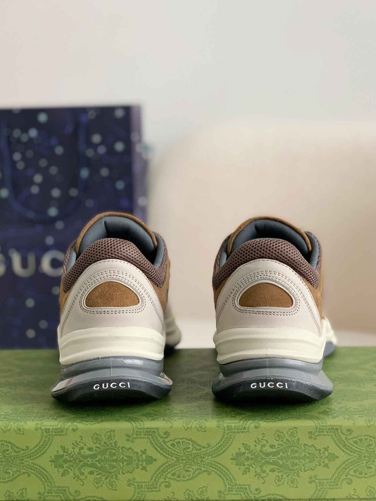 Gucci Men's Runner Sneaker – Beige, Brown & Grey Mesh Leather CUSTOM