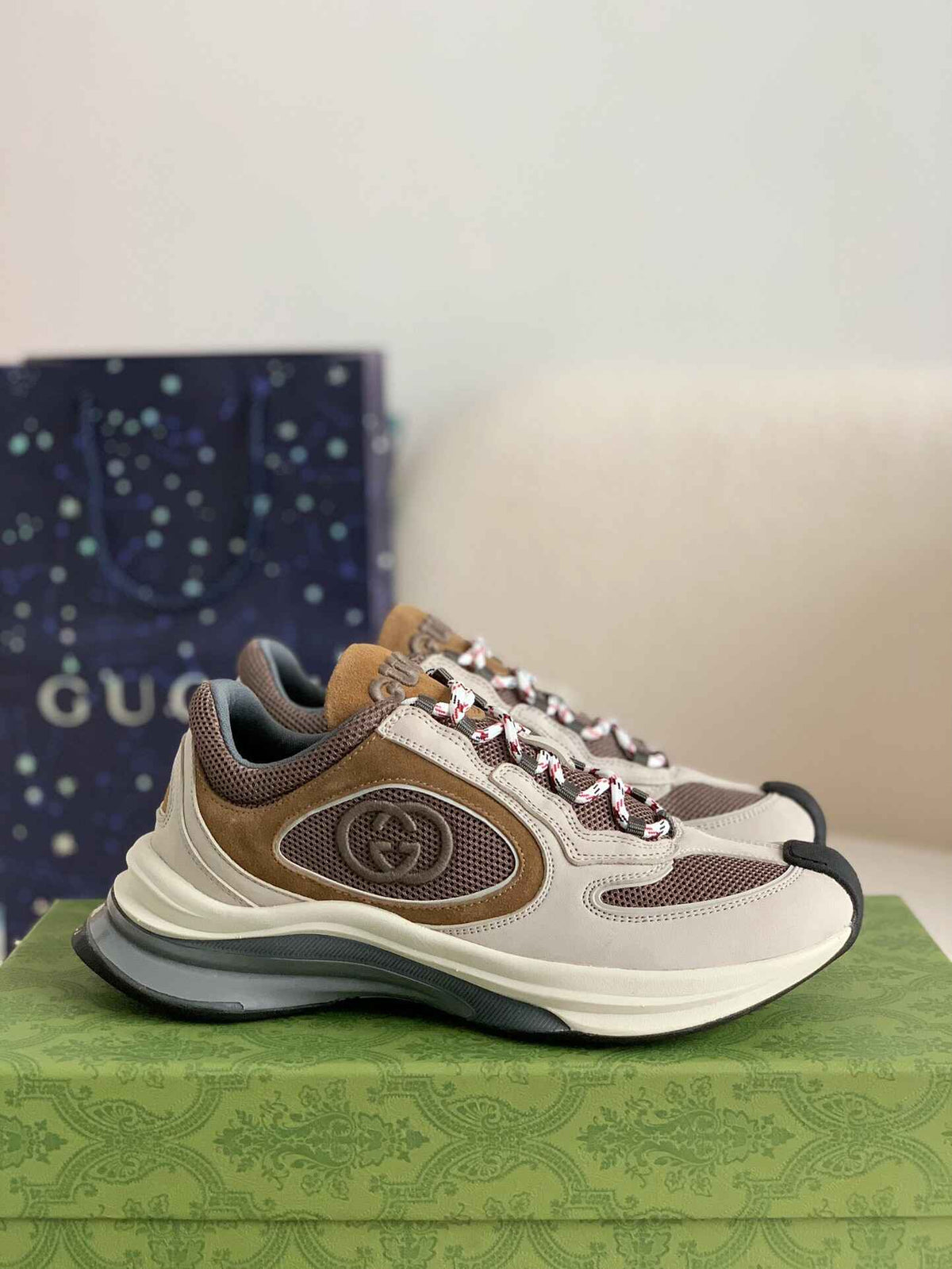Gucci Men's Runner Sneaker – Beige, Brown & Grey Mesh Leather CUSTOM