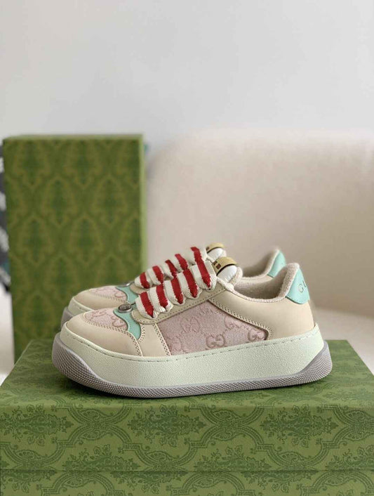 Gucci Re-Web Sneaker – Beige & Pink GG Canvas with Mint Accents