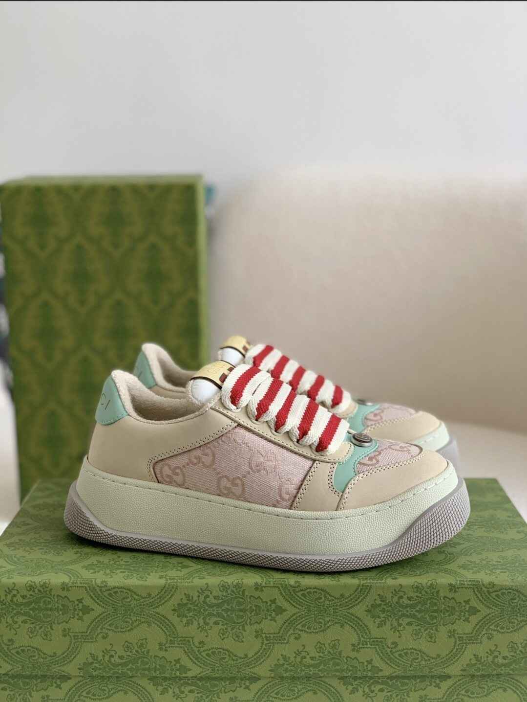 Gucci Re-Web Sneaker – Beige & Pink GG Canvas with Mint Accents