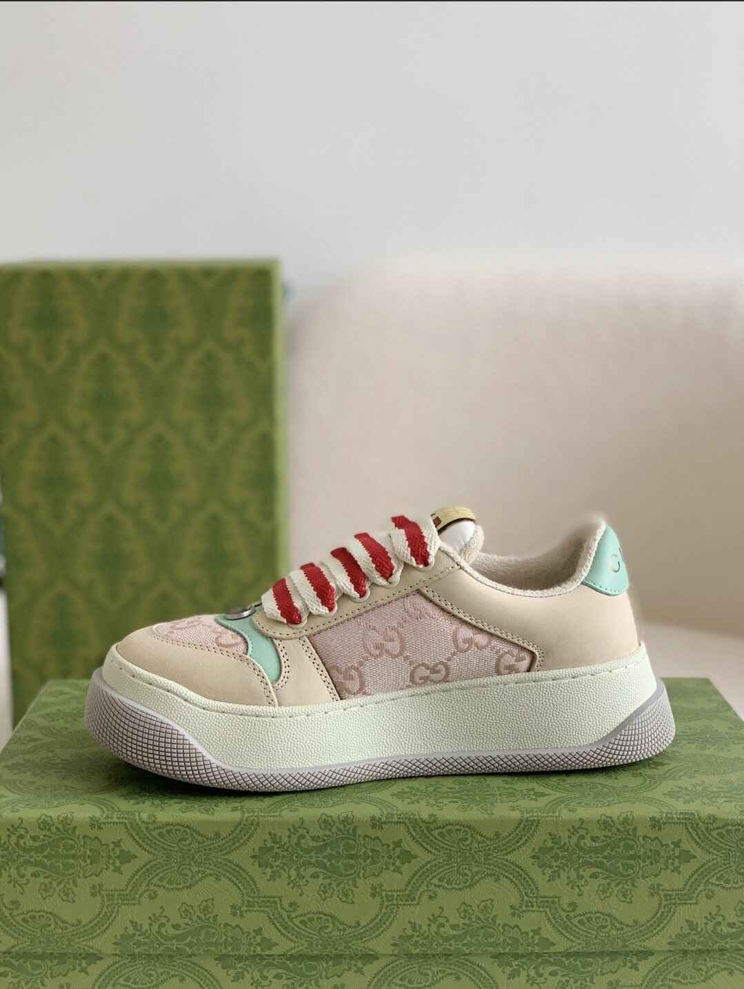 Gucci Re-Web Sneaker – Beige & Pink GG Canvas with Mint Accents